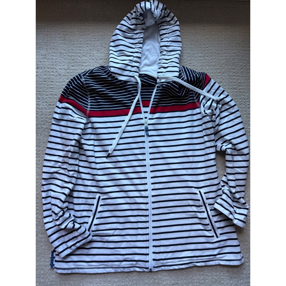 Talbots Zip Hoodie L Navy White Striped Cotton Nautical Coastal Preppy